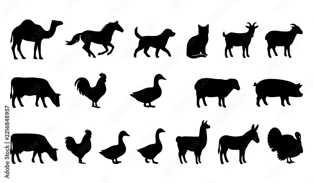 Fototapeta premium Farm and Domestic Animal Silhouette Vector Collection with Cow Horse Dog Cat and Sheep