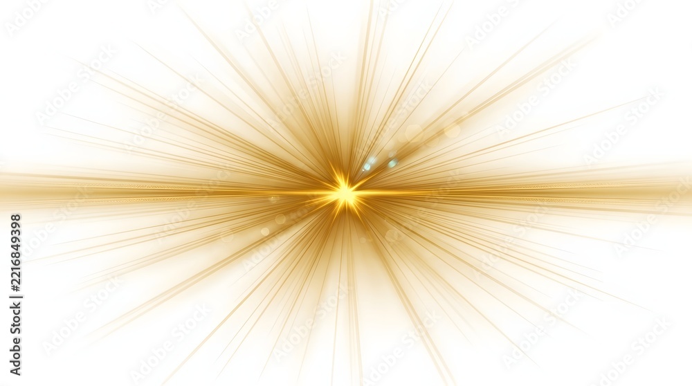 Fototapeta premium Starburst, lens flare - Glowing golden sunburst with radial light rays and horizontal flare effect isolated on a white background