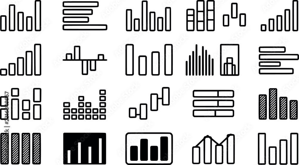 Obraz premium Set of Professional Bar Graph Icons Featuring Various Data Visualization Styles for Business Charts
