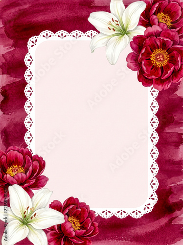 Burgundy peonies and white lilies watercolor frame with lace border