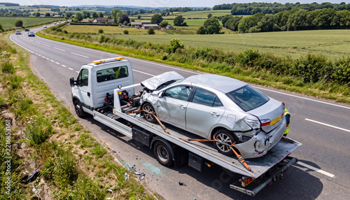 Tow truck carrying damaged silver car on flatbed after road accident along countryside highway