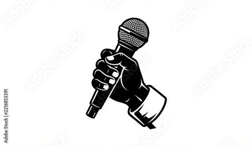 Hand Holding Microphone with Shirt Cuff Black Silhouette Vector Icon