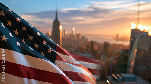 New York City skyline with American flag overlay at sunset, dramatic sky, remembrance event background, with copy space