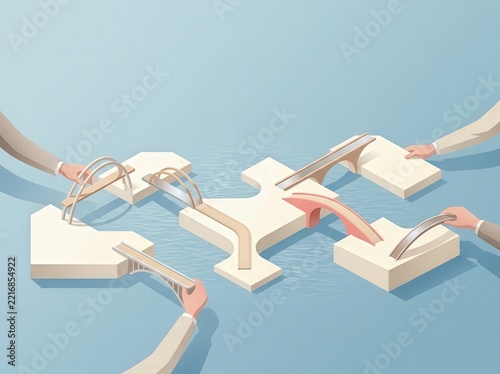 Puzzle pieces connected across water by matching team hands in unity.