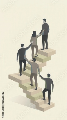 Business people climb up stairs together while helping each other to reach.