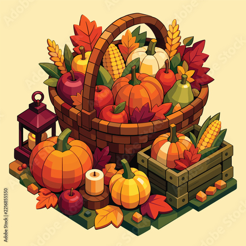 Autumn Pumpkin Harvest Arrangement with Apples, Leaves and Rustic Wooden Crates Thanks Giving 3D Isolated