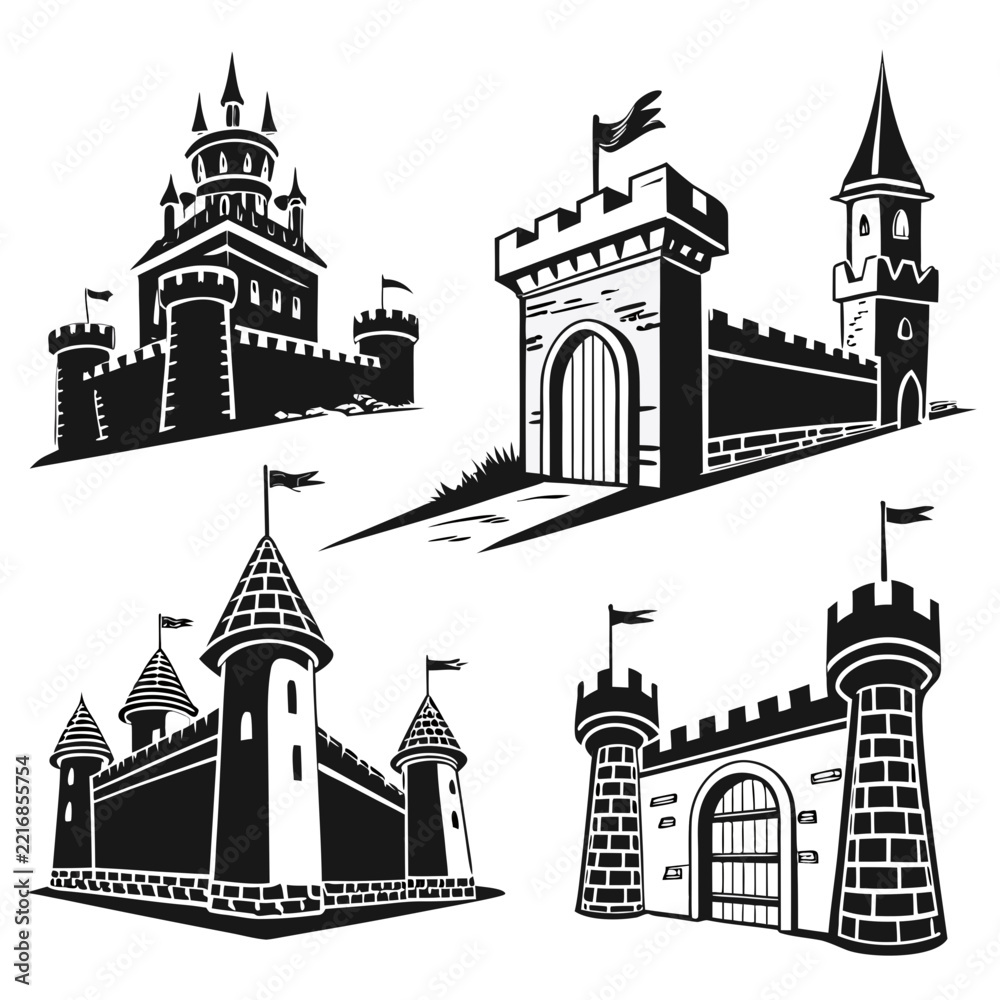 Obraz premium Collection of four black and white medieval castle silhouettes with towers, flags, and gates, isolated on a white background, set