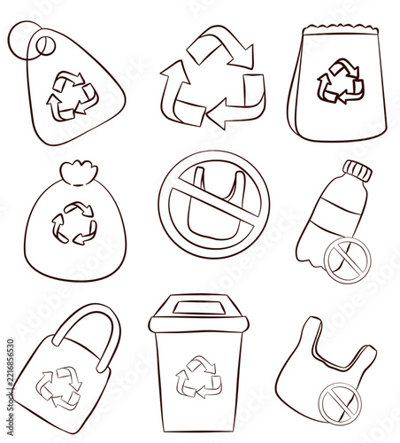 A vector set of hand drawn eco and recycle line art elements featuring environment protection icons.