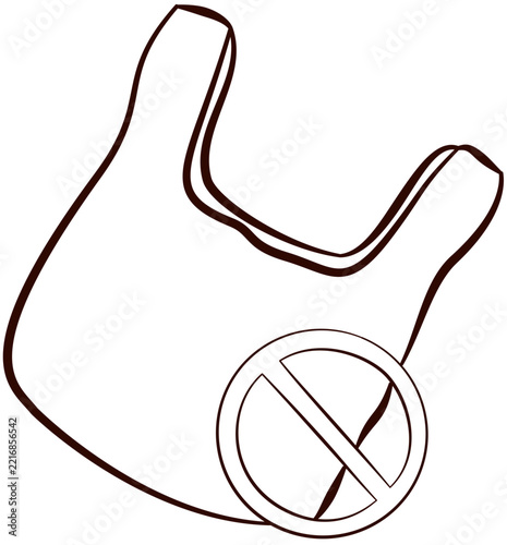 A vector line art of a plastic carrier bag with a prohibition sign.