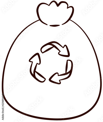 A vector line art of a tied garbage sack with a recycle symbol.