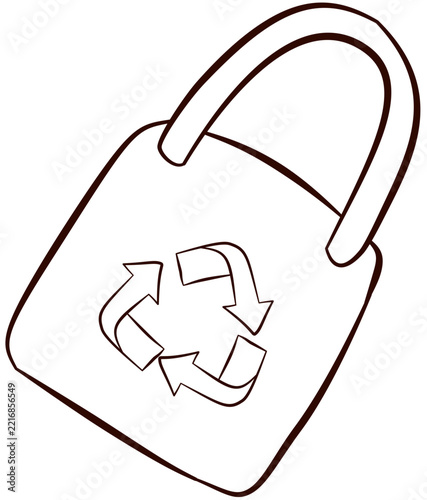 A vector line art of a fabric tote bag with a recycle symbol.