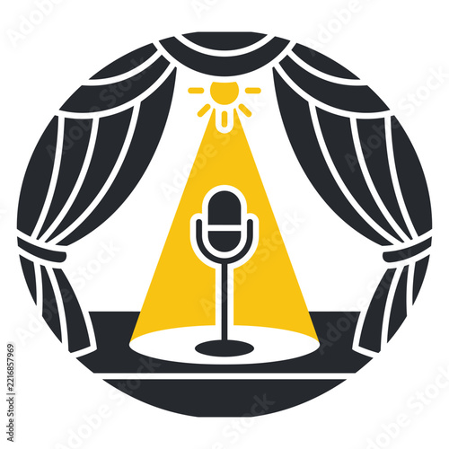 Microphone on stage under spotlight with theater curtains in circular frame. Podcast or live performance icon with stage lighting