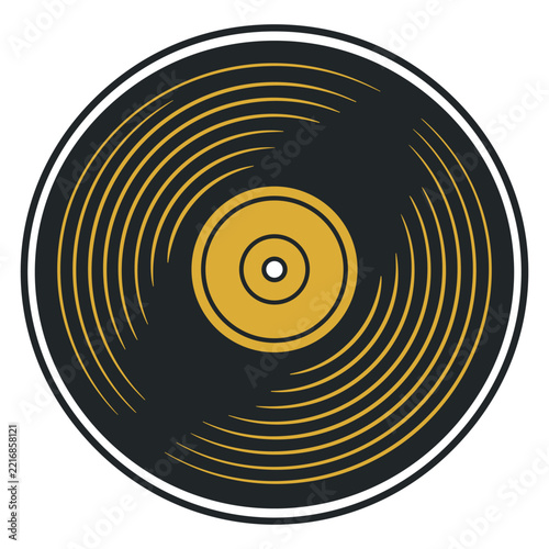 Minimalist vinyl record illustration with gold grooves on white background. Retro music concept with golden vinyl record graphic