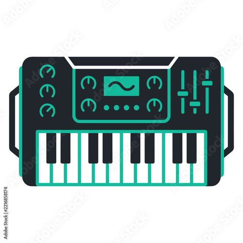 Minimalist synthesizer keyboard icon with knobs and sliders for music production. Digital music synthesizer flat vector icon for audio production