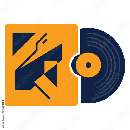 Minimalist vinyl record and album cover graphic in orange and dark blue. Abstract music record design with geometric album sleeve
