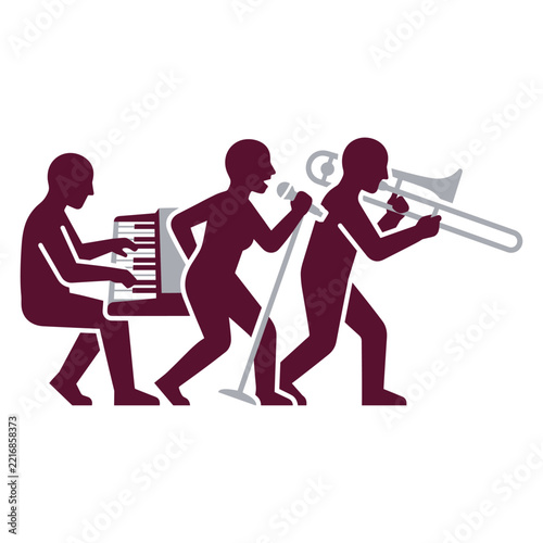 Stylized silhouettes of a musical trio playing keyboard singing and trombone. Minimalist music band performing with instruments and vocals