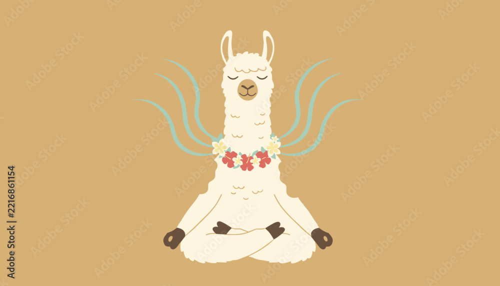 Fototapeta premium Calm white llama cartoon character meditating in lotus pose wearing a colorful tropical flower garland on a warm beige background.