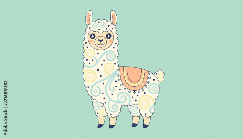 Fototapeta premium Adorable white llama cartoon character decorated with blue curly patterns and a colorful saddle on a pastel mint background.