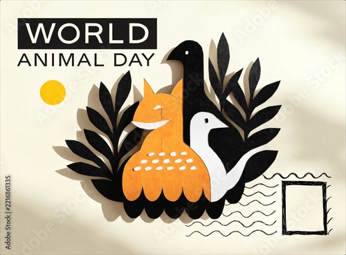 World Animal Day Postcard Illustration Featuring Stylized Wildlife And Text.