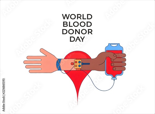 World Blood Donor Day Concept With Diverse Hands Holding Blood Bag.