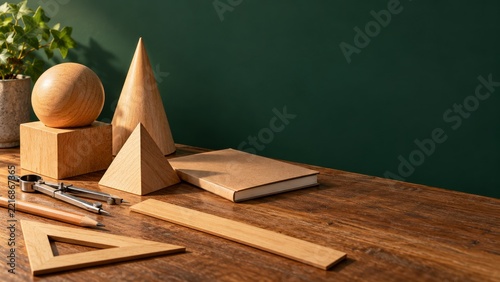 Wooden Geometry Models and Drawing Tools against a Dark Green Wall
