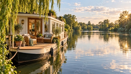 Cozy cream houseboat with wicker chairs beneath riverside willows