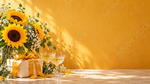 Sunflowers with a Cream Gift and Two Champagne Glasses on an Elegant Celebrat...