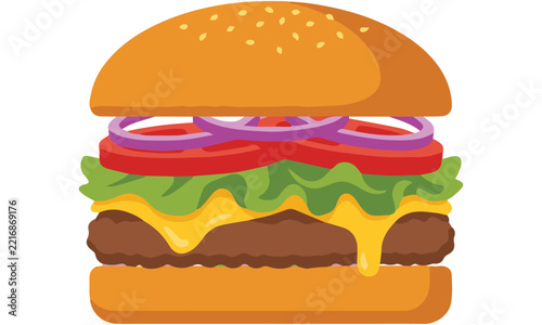 Classic tall cheeseburger flat design vector illustration with fresh vegetables