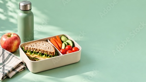 School Lunchbox with Fresh Vegetables and a Green Reusable Bottle