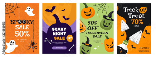 Halloween sale banners set with cute ghosts pumpkins bats spider and spooky discounts vector illustration