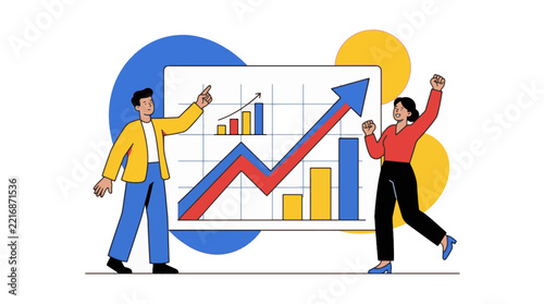 Two people analyzing business growth charts and financial success with rising graph statistics