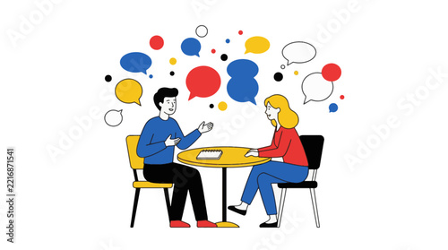 Illustration of man and woman sitting at a table talking with speech bubbles representing communication, discussion, and teamwork