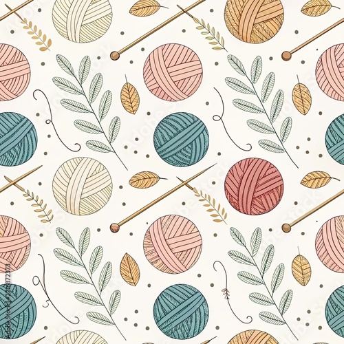 Seamless knitting pattern with yarn balls, needles and leaves. Pastel pink, teal and mustard wool skeins on a cream background, perfect for craft, hobby, textile and scrapbook designs.