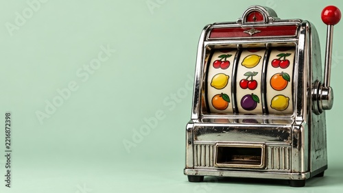 Vintage Chrome Slot Machine with Fruit Reels Against a Pale Mint Background