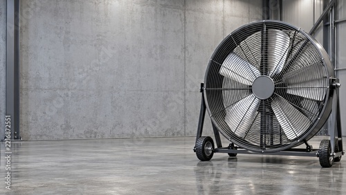 Large Industrial Floor Fan with a Protective Steel Cage and Wheels