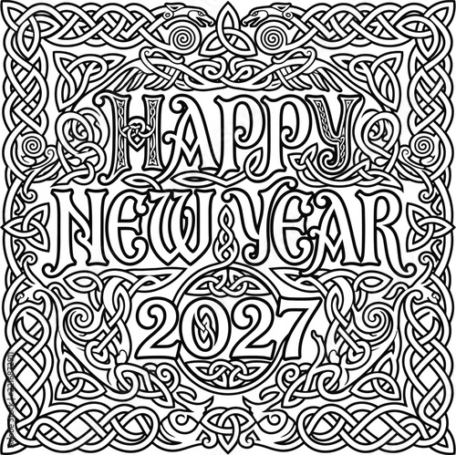 Celtic knotwork happy new year 2027 greeting card design