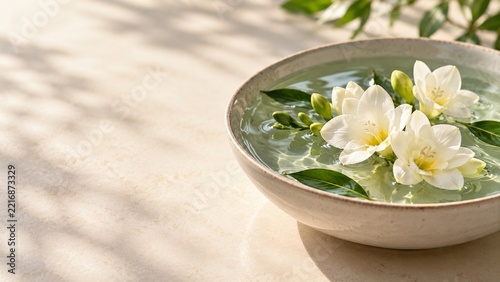White flowers floating in a shallow ivory ceramic bowl with copy space