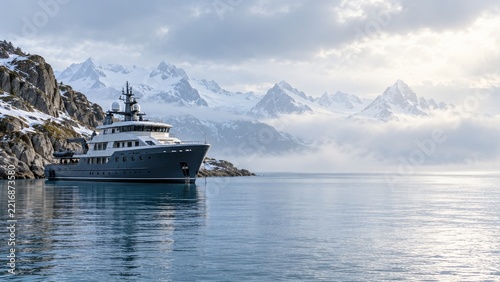 Gray expedition yacht in a quiet fjord beneath snowy mountain peaks
