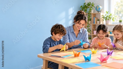Teacher and children folding colorful origami birds at a school table