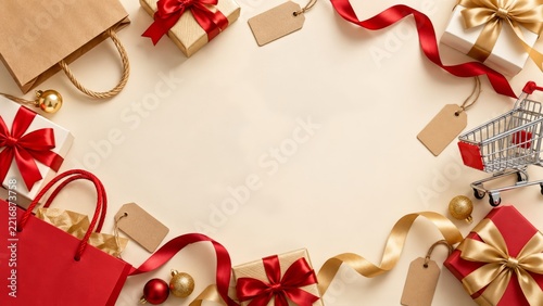 Overhead Red and Gold Shopping Gifts Framing an Empty Cream Background