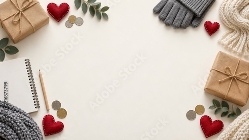 Charity Flat Lay Border with Felt Hearts Parcels Coins and Knit Fabrics