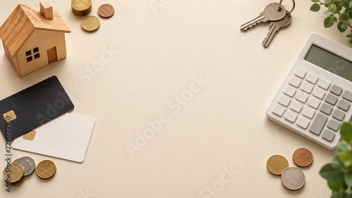 Financial Desk Objects Forming a Border Around a Blank Cream Center