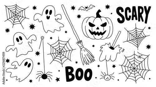 Fotografie Hand drawn halloween doodle set featuring ghosts, spider webs, a jack o lantern
