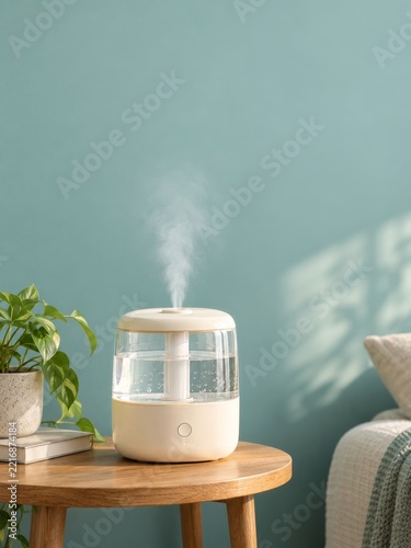 Cream Humidifier with a Transparent Reservoir and Mist on a Round Table