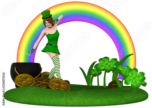 A fantasy leprechaun woman in a green costume dances beside a pot of gold coins with a colorful rainbow and shamrocks for a holiday theme. 3D Illustration