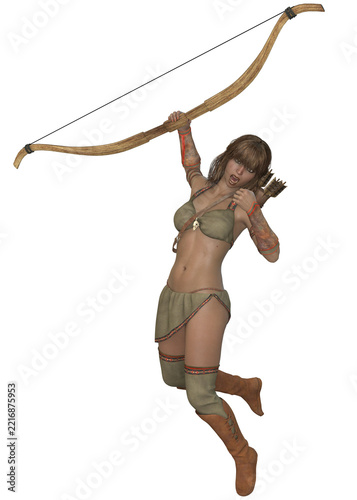 3D rendered fantasy woman archer in a leather top, skirt and tall boots holds a long wooden bow, standing against a plain gray background.