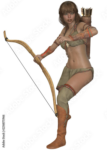 3D rendered fantasy woman archer in a leather top, skirt and tall boots holds a long wooden bow, standing against a plain gray background.