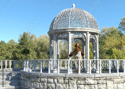 A fantasy woman in medieval style clothing dances joyfully beside an elegant white gazebo on a sunny terrace surrounded by trees. 3D Illustration