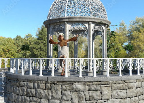 A fantasy woman in medieval style clothing dances joyfully beside an elegant white gazebo on a sunny terrace surrounded by trees. 3D Illustration
