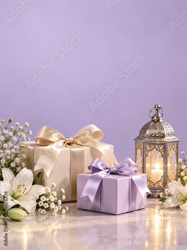 Cream and lavender gift boxes with lilies and a silver candle lantern